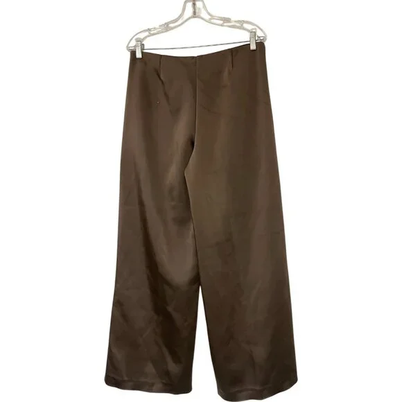 Zara Womens High-Waist Satin Trouser Large Chocolate Brown Wide Leg 1255/528 NWD - Picture 2 of 16